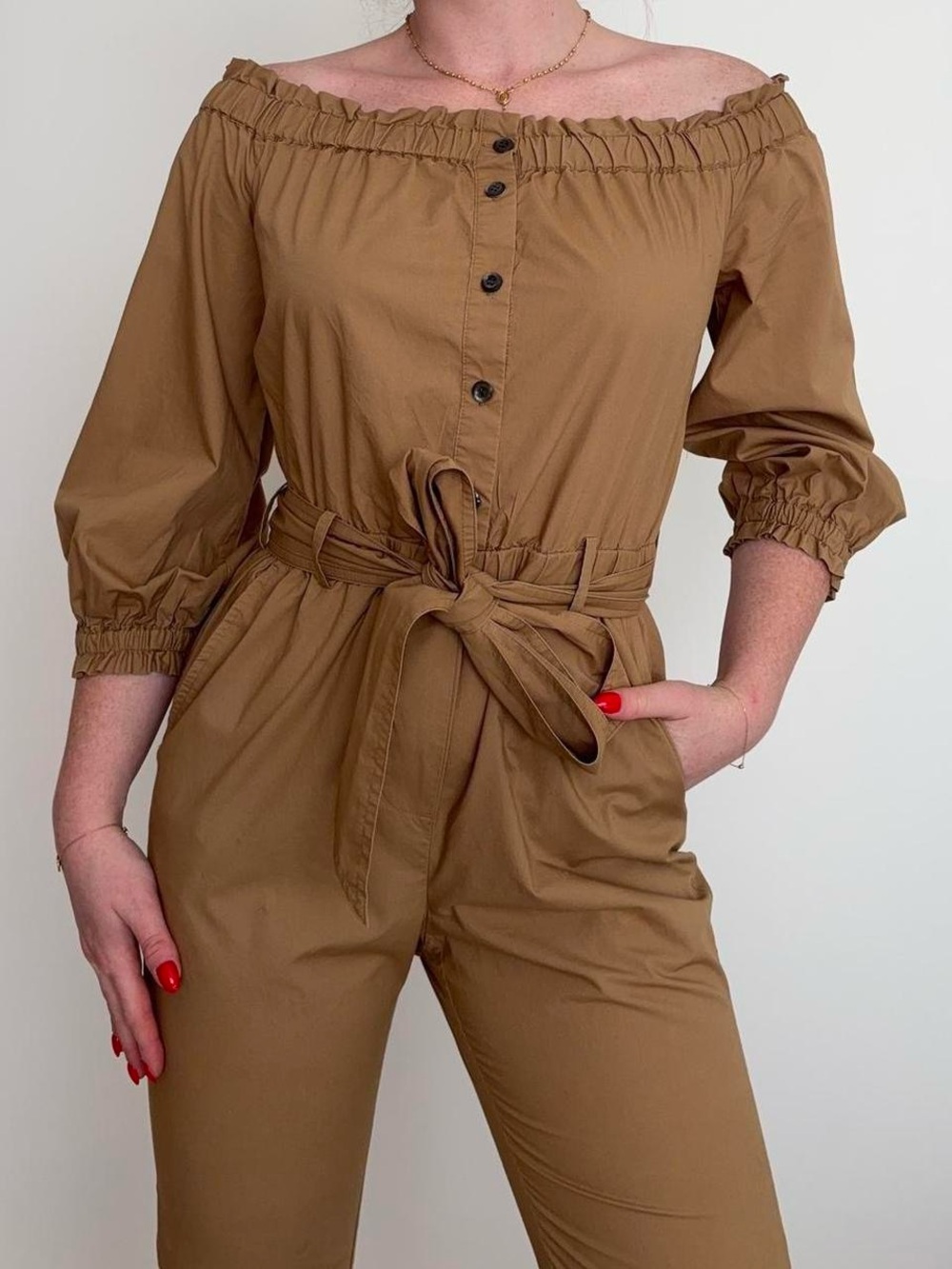 J. Crew Off-Shoulder Belted Jumpsuit in Camel Brown